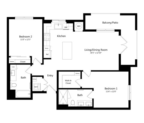 Floor plan for 2 beds, 2 baths, 1032 sqft